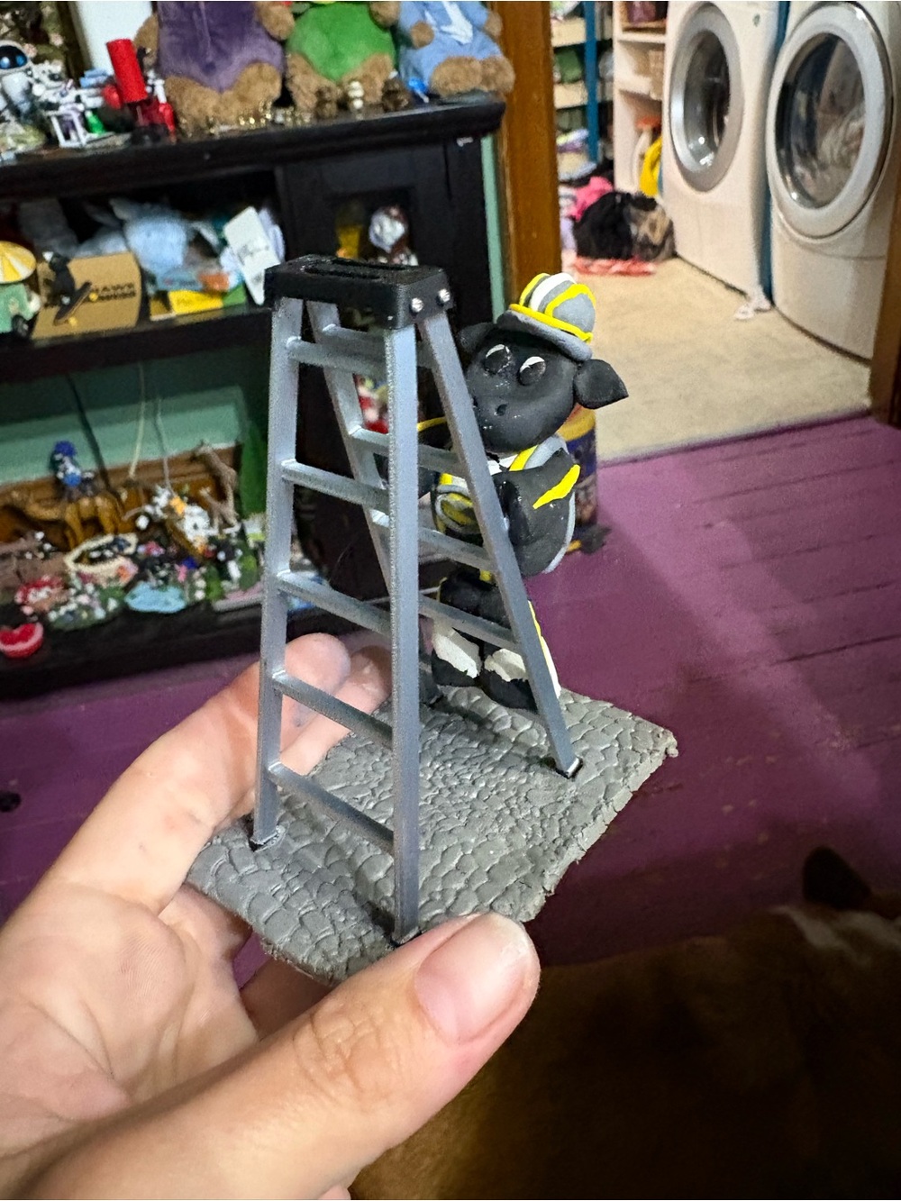 Miniature Cow  Firefighter cow Figurine with Ladder - Gray & Yellow